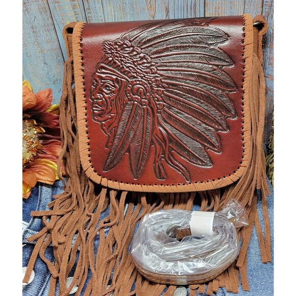 Native American Chief Head Crossbody Fringed Purse Genuine Leather Embossed Brow - Picture 1 of 16